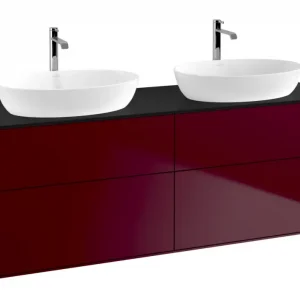 Abverkauf Villeroy & Boch Finion Waschbeckenunterschrank für 2 Becken ohne Regal für Artis / Collaro eckig 4 Auszüge mit Beleuchtung (2x LED) 1600 x 603 x 501 mm - Peony Matt Lacquer / Glass Black Matt