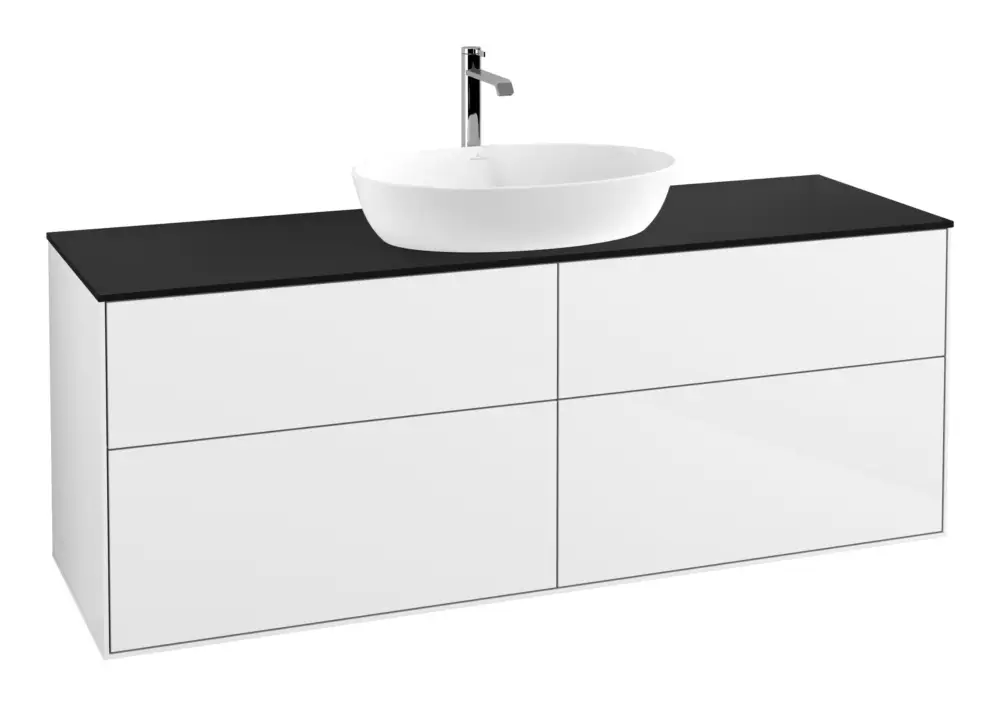 Villeroy & Boch Finion Waschbeckenunterschrank für Becken mittig ohne Regal für Artis / Collaro eckig 4 Auszüge 1600 x 603 x 501 mm - Glossy White Lacquer / Glass Black Matt Expressversand