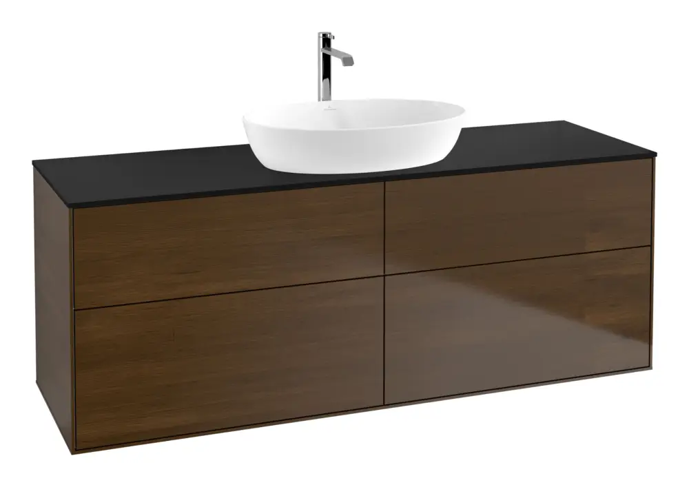 Villeroy & Boch Finion Waschbeckenunterschrank für Becken mittig ohne Regal für Artis / Collaro eckig 4 Auszüge 1600 x 603 x 501 mm - Walnut Veneer / Glass Black Matt Neue Kollektion