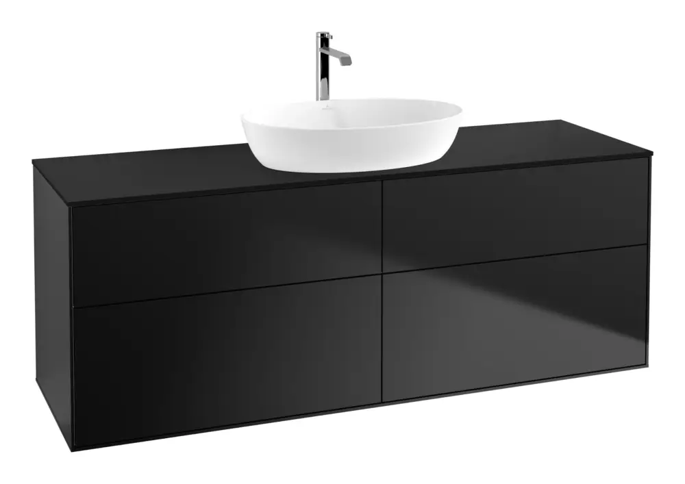 Highlight Villeroy & Boch Finion Waschbeckenunterschrank für Becken mittig ohne Regal für Artis / Collaro eckig 4 Auszüge 1600 x 603 x 501 mm - Black Matt Lacquer / Glass Black Matt