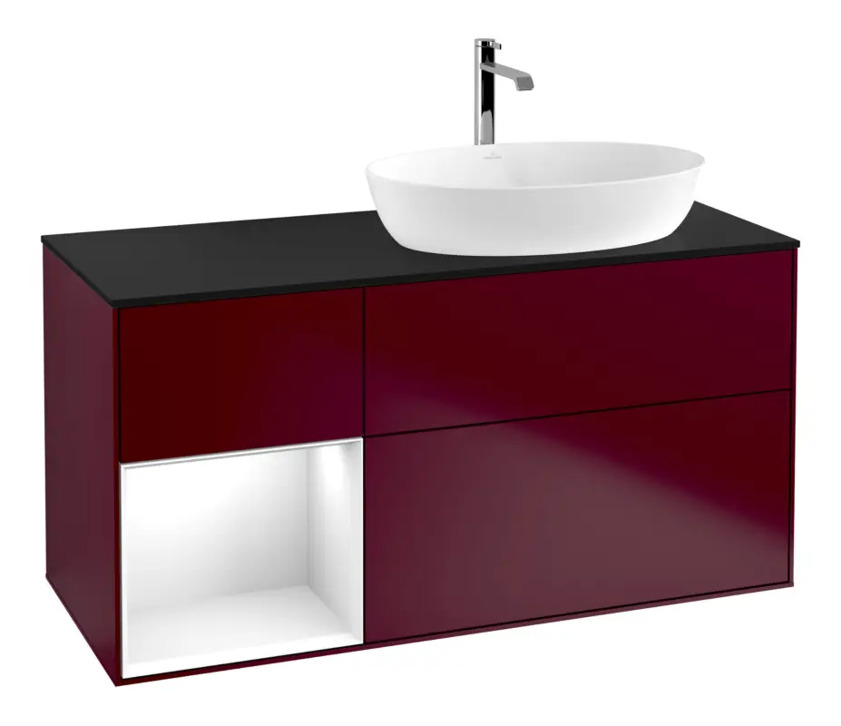 Villeroy & Boch Finion Waschbeckenunterschrank für Becken rechts Regal rechts für Artis / Collaro 3 Auszüge mit Beleuchtung (1x LED) mit Hahnloch 1200 x 603 x 501 mm - Peony Matt Lacquer / Glossy White Lacquer / Glass Black Matt Sichere Zahlung