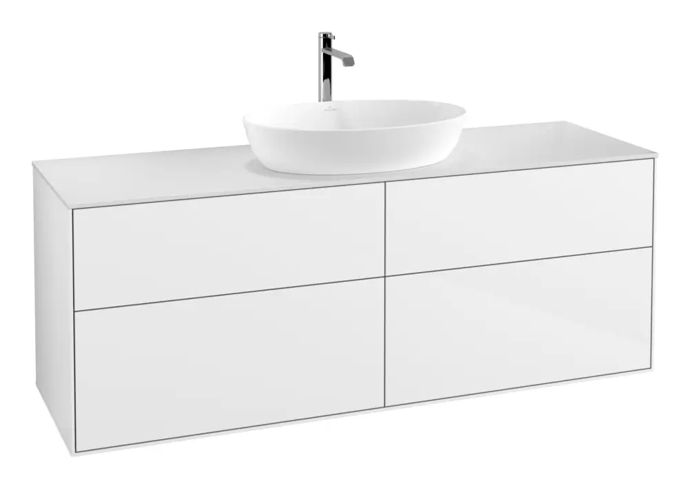 Aktuell Villeroy & Boch Finion Waschbeckenunterschrank für Becken mittig ohne Regal für Artis / Collaro eckig 4 Auszüge mit Beleuchtung (2x LED) 1600 x 603 x 501 mm - Glossy White Lacquer / Glass White Matt