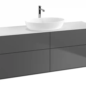 Aktuell Villeroy & Boch Finion Waschbeckenunterschrank für Becken mittig ohne Regal für Artis / Collaro eckig 4 Auszüge mit Beleuchtung (2x LED) 1600 x 603 x 501 mm - Anthracite Matt Lacquer / Glass White Matt