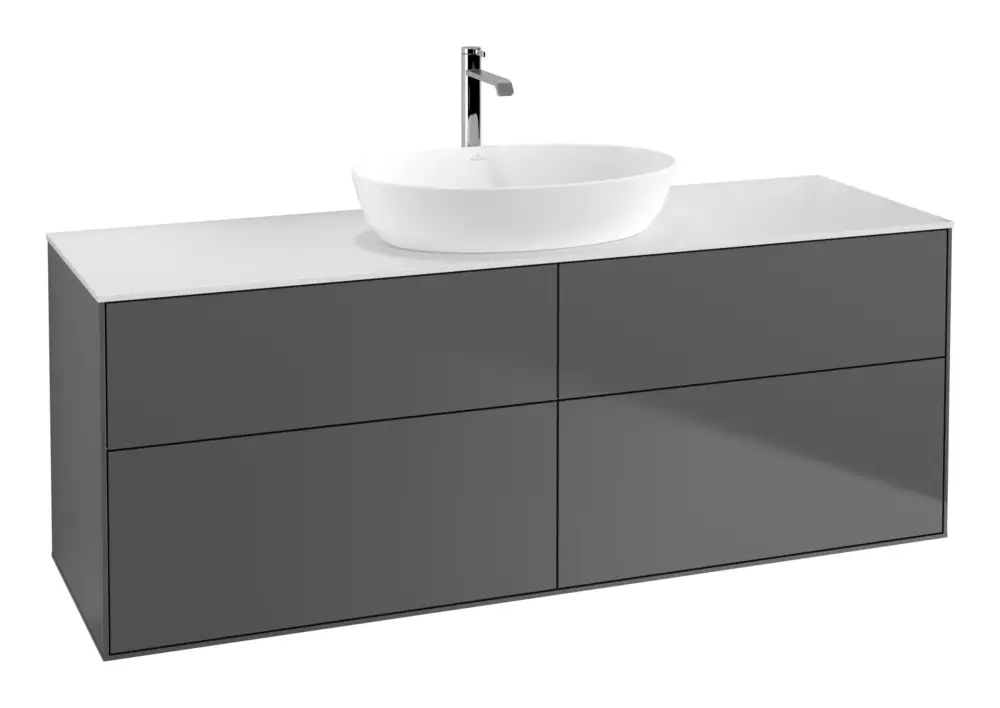 Aktuell Villeroy & Boch Finion Waschbeckenunterschrank für Becken mittig ohne Regal für Artis / Collaro eckig 4 Auszüge mit Beleuchtung (2x LED) 1600 x 603 x 501 mm - Anthracite Matt Lacquer / Glass White Matt