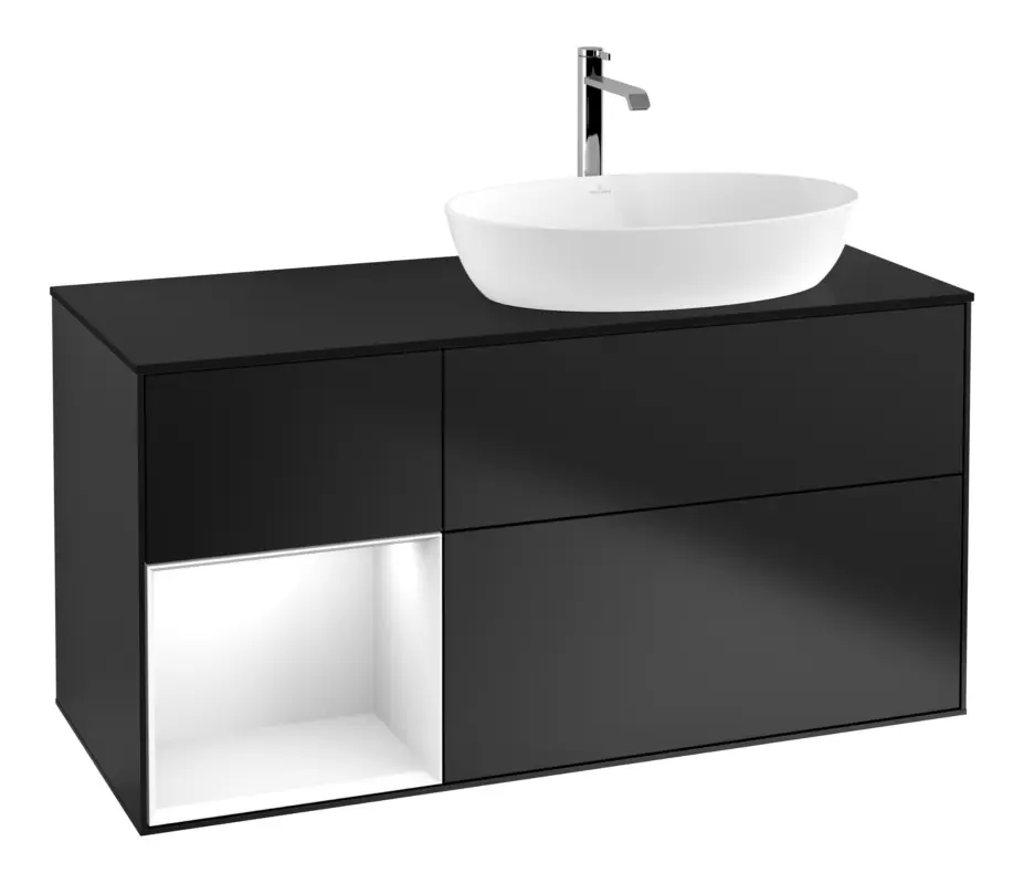 Sonderaktion Villeroy & Boch Finion Waschbeckenunterschrank für Becken rechts Regal rechts für Artis / Collaro 3 Auszüge mit Beleuchtung (1x LED) mit Hahnloch 1200 x 603 x 501 mm - Black Matt Lacquer / Glossy White Lacquer / Glass Black Matt