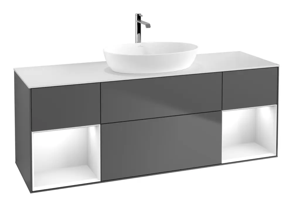 Villeroy & Boch Finion Waschbeckenunterschrank für Becken mittig Regal links/rechts für Artis / Collaro eckig 4 Auszüge mit Beleuchtung (2x LED) 1600 x 603 x 501 mm - Anthracite Matt Lacquer / Glossy White Lacquer / Glass White Matt Top-Seller