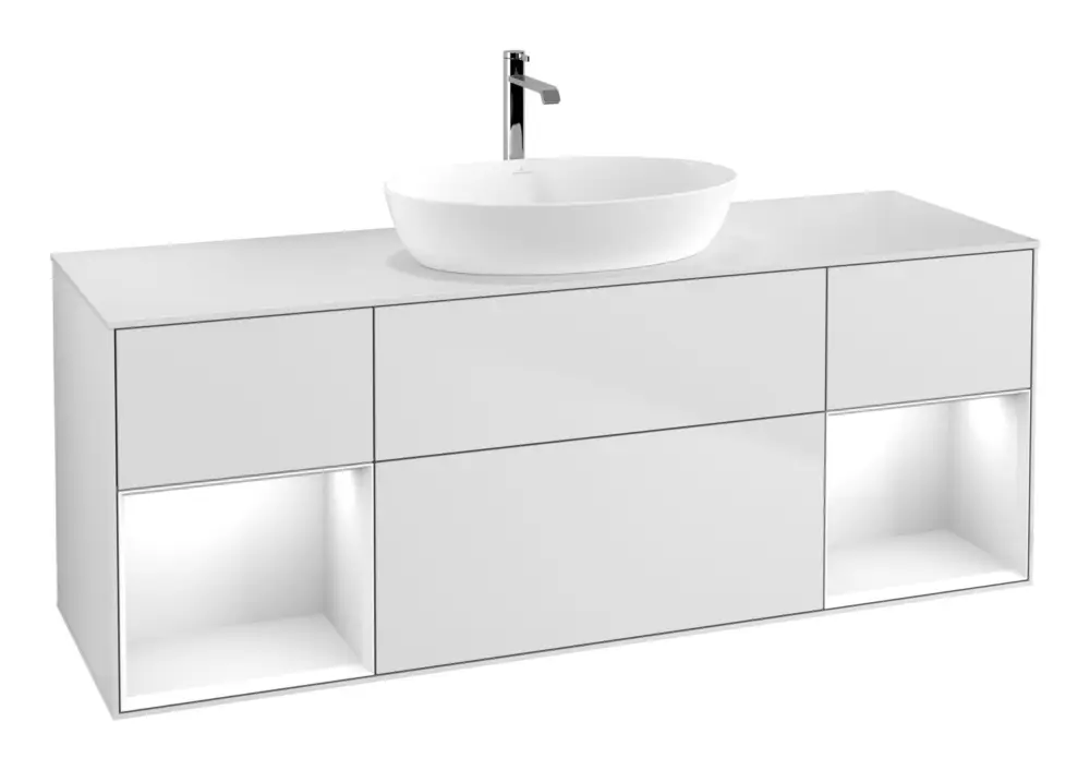 Jetzt Kaufen Villeroy & Boch Finion Waschbeckenunterschrank für Becken mittig Regal links/rechts für Artis / Collaro eckig 4 Auszüge mit Beleuchtung (2x LED) 1600 x 603 x 501 mm - White Matt Lacquer / Glossy White Lacquer / Glass White Matt