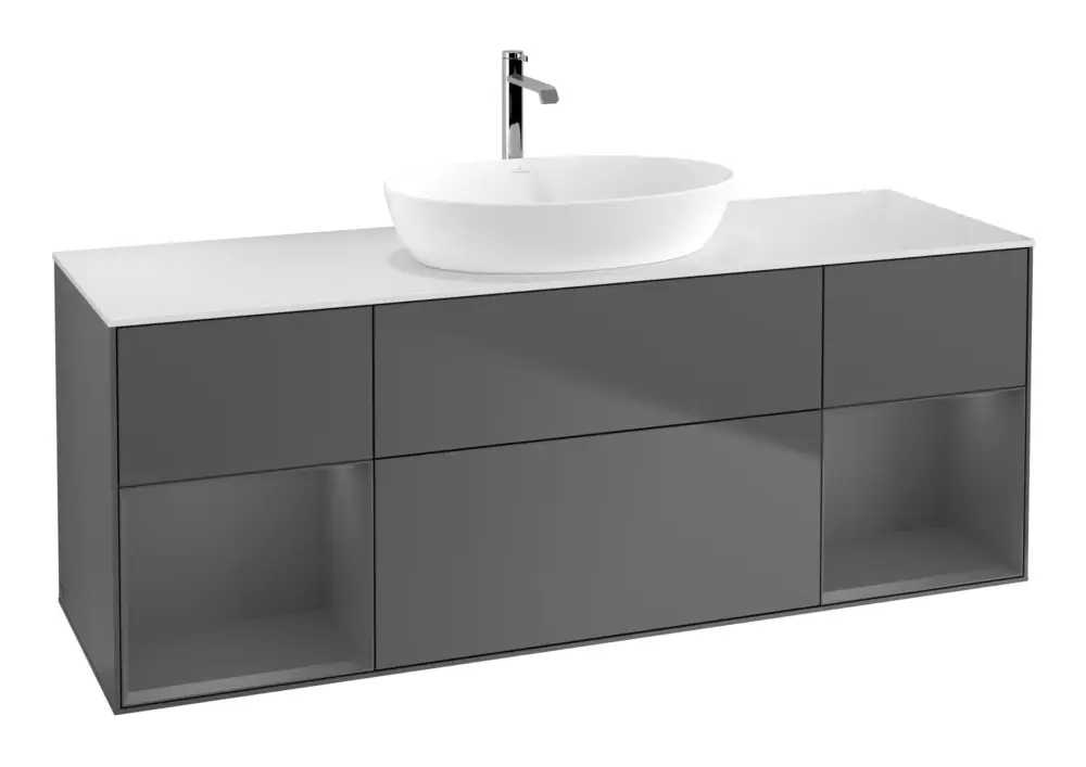Villeroy & Boch Finion Waschbeckenunterschrank für Becken mittig Regal links/rechts für Artis / Collaro eckig 4 Auszüge mit Beleuchtung (2x LED) 1600 x 603 x 501 mm - Anthracite Matt Lacquer / Glass White Matt Abverkauf