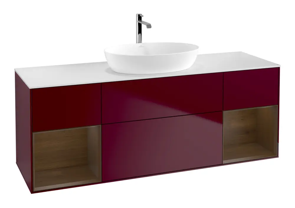 Knallerangebot Villeroy & Boch Finion Waschbeckenunterschrank für Becken mittig Regal links/rechts für Artis / Collaro eckig 4 Auszüge mit Beleuchtung (2x LED) 1600 x 603 x 501 mm - Peony Matt Lacquer / Walnut Veneer / Glass White Matt