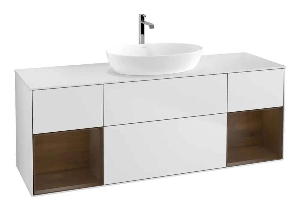 Villeroy & Boch Finion Waschbeckenunterschrank für Becken mittig Regal links/rechts für Artis / Collaro eckig 4 Auszüge mit Beleuchtung (2x LED) 1600 x 603 x 501 mm - White Matt Lacquer / Walnut Veneer / Glass White Matt Wochenendangebot