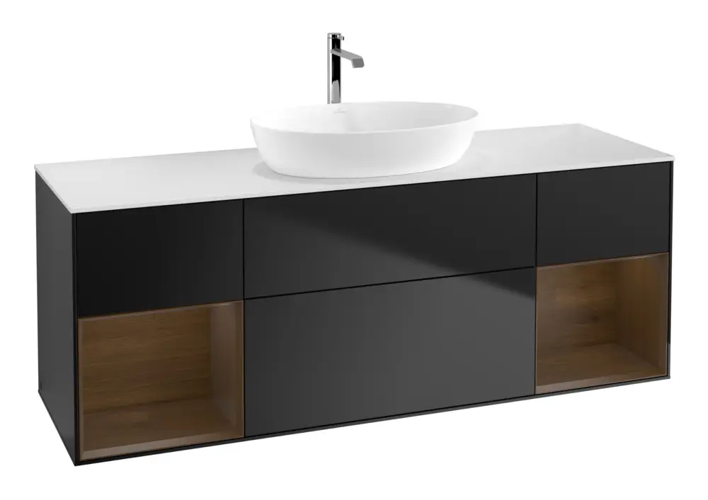 Direkt Vom Hersteller Villeroy & Boch Finion Waschbeckenunterschrank für Becken mittig Regal links/rechts für Artis / Collaro eckig 4 Auszüge mit Beleuchtung (2x LED) 1600 x 603 x 501 mm - Black Matt Lacquer / Walnut Veneer / Glass White Matt
