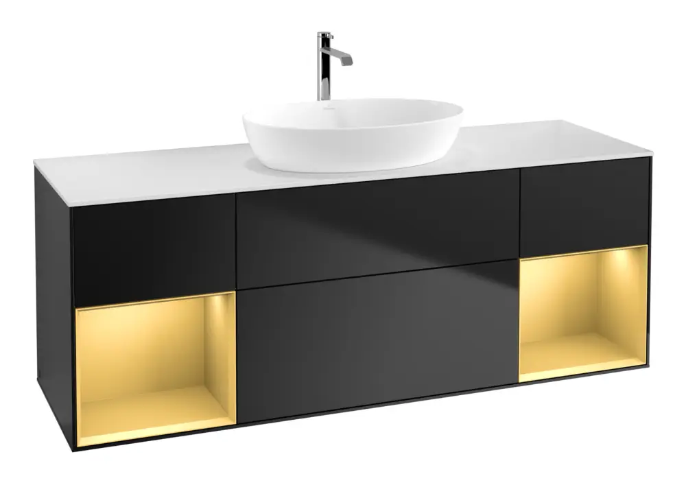 Jetzt Kaufen Villeroy & Boch Finion Waschbeckenunterschrank für Becken mittig Regal links/rechts für Artis / Collaro eckig 4 Auszüge mit Beleuchtung (2x LED) 1600 x 603 x 501 mm - Black Matt Lacquer / Gold Matt Lacquer / Glass White Matt
