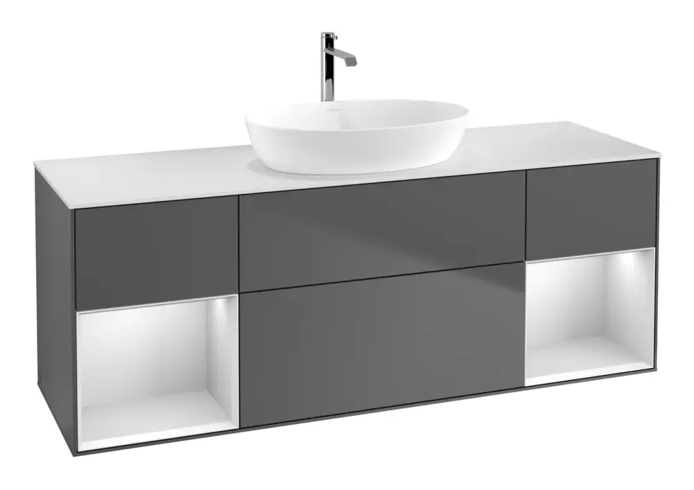 Villeroy & Boch Finion Waschbeckenunterschrank für Becken mittig Regal links/rechts für Artis / Collaro eckig 4 Auszüge mit Beleuchtung (2x LED) 1600 x 603 x 501 mm - Anthracite Matt Lacquer / White Matt Lacquer / Glass White Matt Jetzt Kaufen