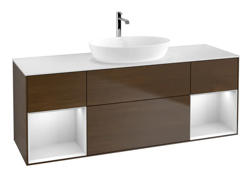 Villeroy & Boch Finion Waschbeckenunterschrank für Becken mittig Regal links/rechts für Artis / Collaro eckig 4 Auszüge mit Beleuchtung (2x LED) 1600 x 603 x 501 mm - Walnut Veneer / White Matt Lacquer / Glass White Matt Geprüft
