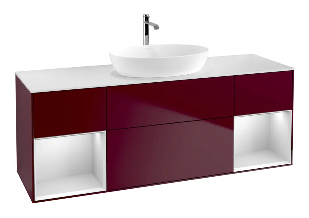 Super-Preis Villeroy & Boch Finion Waschbeckenunterschrank für Becken mittig Regal links/rechts für Artis / Collaro eckig 4 Auszüge mit Beleuchtung (2x LED) 1600 x 603 x 501 mm - Peony Matt Lacquer / White Matt Lacquer / Glass White Matt