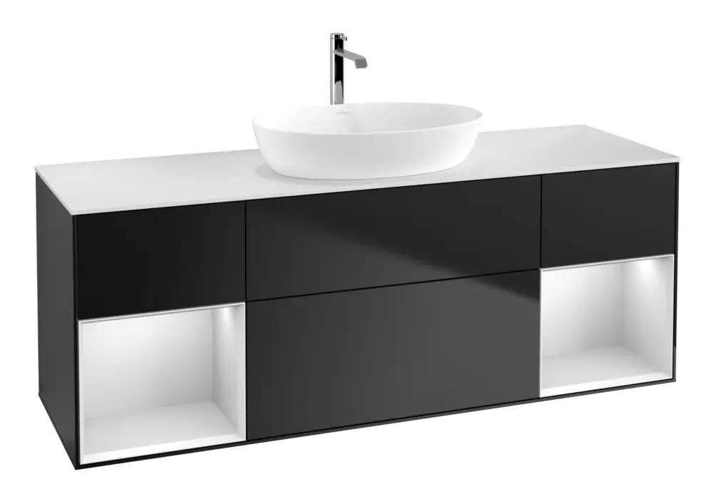 Villeroy & Boch Finion Waschbeckenunterschrank für Becken mittig Regal links/rechts für Artis / Collaro eckig 4 Auszüge mit Beleuchtung (2x LED) 1600 x 603 x 501 mm - Black Matt Lacquer / White Matt Lacquer / Glass White Matt Mega-Angebot
