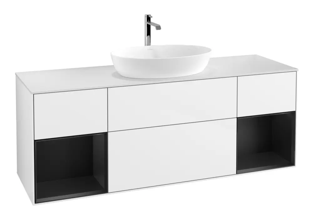 Jetzt Kaufen Villeroy & Boch Finion Waschbeckenunterschrank für Becken mittig Regal links/rechts für Artis / Collaro eckig 4 Auszüge mit Beleuchtung (2x LED) 1600 x 603 x 501 mm - Glossy White Lacquer / Black Matt Lacquer / Glass White Matt
