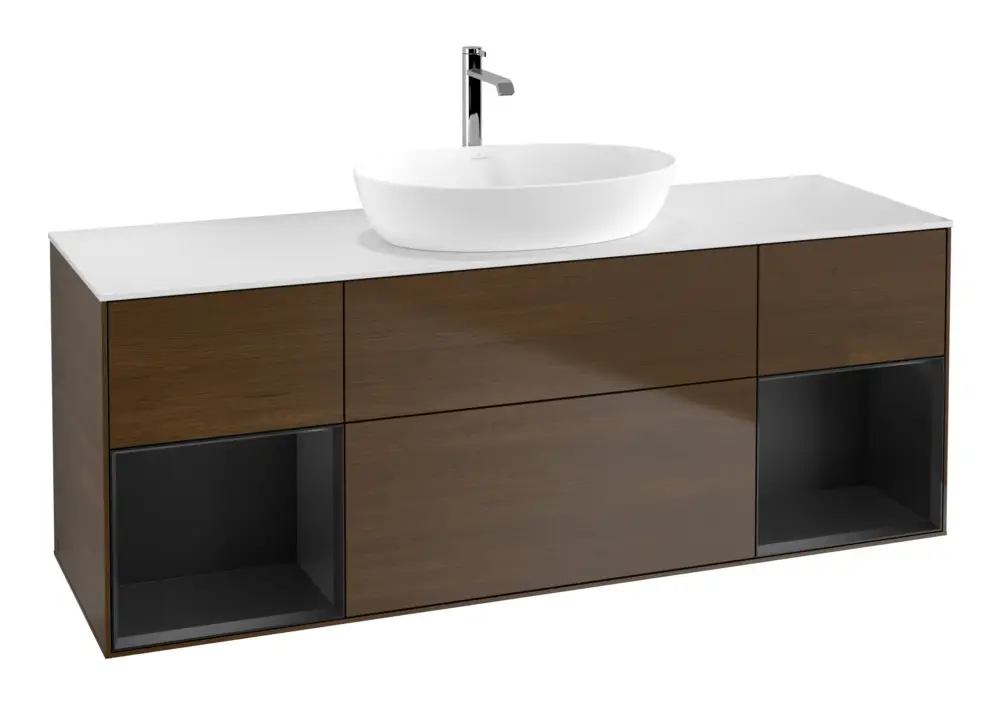 Saisonangebot Villeroy & Boch Finion Waschbeckenunterschrank für Becken mittig Regal links/rechts für Artis / Collaro eckig 4 Auszüge mit Beleuchtung (2x LED) 1600 x 603 x 501 mm - Walnut Veneer / Black Matt Lacquer / Glass White Matt