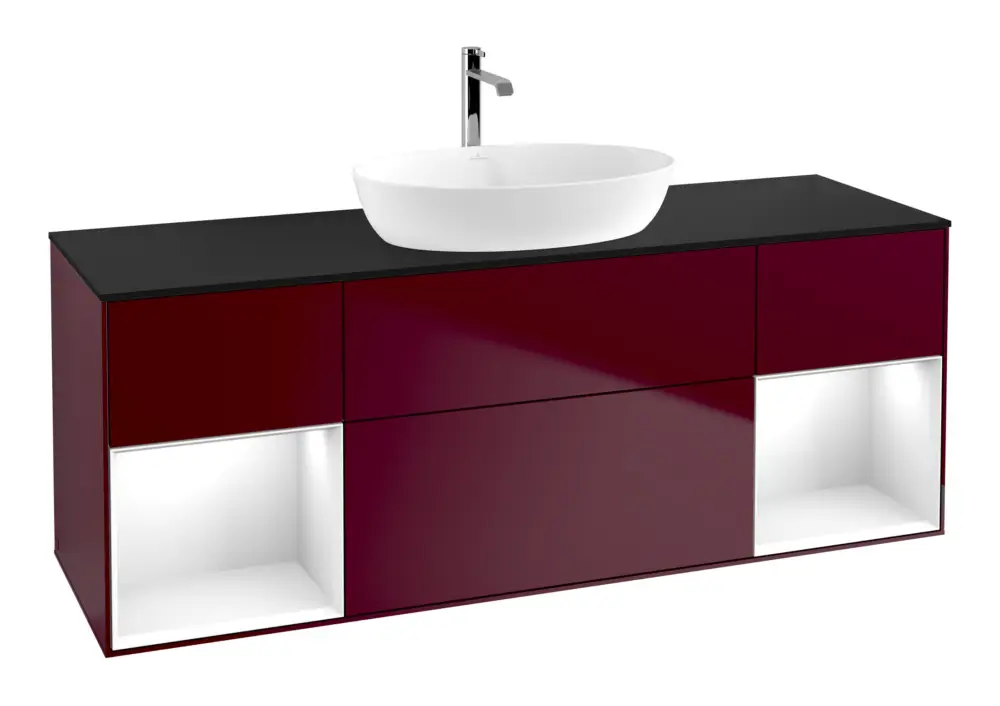 Top-Angebot Villeroy & Boch Finion Waschbeckenunterschrank für Becken mittig Regal links/rechts für Artis / Collaro eckig 4 Auszüge mit Beleuchtung (2x LED) 1600 x 603 x 501 mm - Peony Matt Lacquer / Glossy White Lacquer / Glass Black Matt