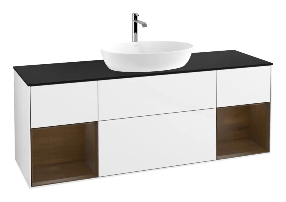 Nur Für Kurze Zeit Villeroy & Boch Finion Waschbeckenunterschrank für Becken mittig Regal links/rechts für Artis / Collaro eckig 4 Auszüge mit Beleuchtung (2x LED) 1600 x 603 x 501 mm - Glossy White Lacquer / Walnut Veneer / Glass Black Matt