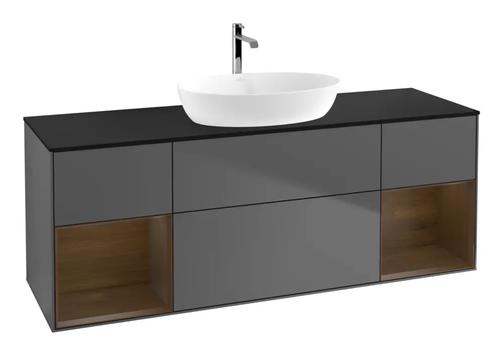Rabatt Villeroy & Boch Finion Waschbeckenunterschrank für Becken mittig Regal links/rechts für Artis / Collaro eckig 4 Auszüge mit Beleuchtung (2x LED) 1600 x 603 x 501 mm - Anthracite Matt Lacquer / Walnut Veneer / Glass Black Matt