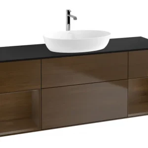 Aktuell Villeroy & Boch Finion Waschbeckenunterschrank für Becken mittig Regal links/rechts für Artis / Collaro eckig 4 Auszüge mit Beleuchtung (2x LED) 1600 x 603 x 501 mm - Walnut Veneer / Glass Black Matt