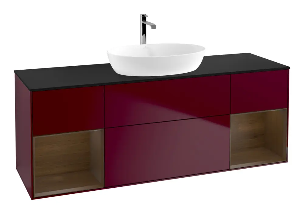 Direktkauf Villeroy & Boch Finion Waschbeckenunterschrank für Becken mittig Regal links/rechts für Artis / Collaro eckig 4 Auszüge mit Beleuchtung (2x LED) 1600 x 603 x 501 mm - Peony Matt Lacquer / Walnut Veneer / Glass Black Matt