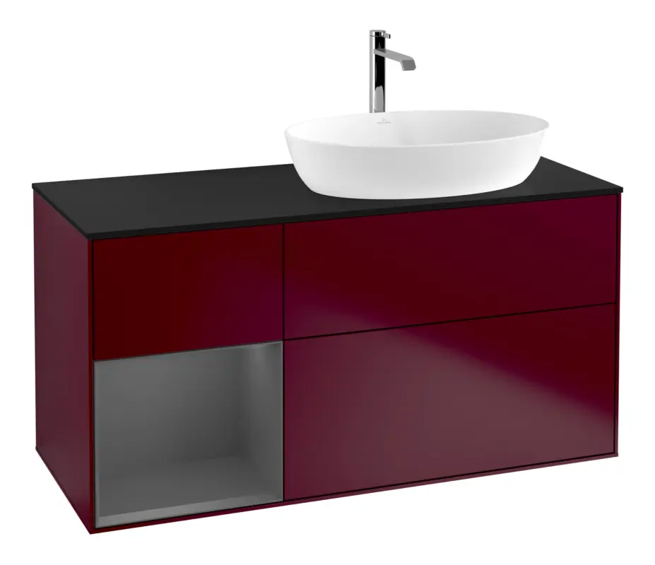 Neue Kollektion Villeroy & Boch Finion Waschbeckenunterschrank für Becken rechts Regal rechts für Artis / Collaro 3 Auszüge mit Beleuchtung (1x LED) mit Hahnloch 1200 x 603 x 501 mm - Peony Matt Lacquer / Anthracite Matt Lacquer / Glass Black Matt