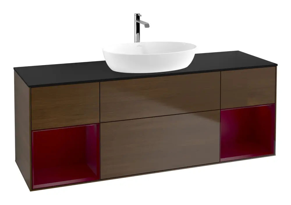Beliebt Villeroy & Boch Finion Waschbeckenunterschrank für Becken mittig Regal links/rechts für Artis / Collaro eckig 4 Auszüge mit Beleuchtung (2x LED) 1600 x 603 x 501 mm - Walnut Veneer / Peony Matt Lacquer / Glass Black Matt