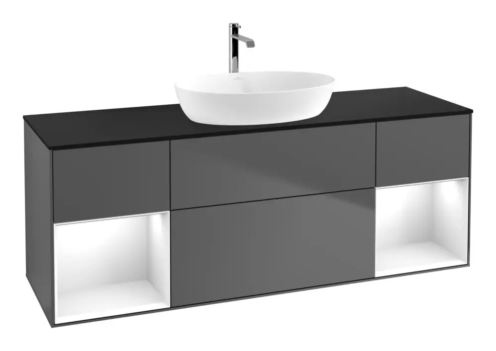 Expressversand Villeroy & Boch Finion Waschbeckenunterschrank für Becken mittig Regal links/rechts für Artis / Collaro eckig 4 Auszüge mit Beleuchtung (4x LED) 1600 x 603 x 501 mm - Anthracite Matt Lacquer / Glossy White Lacquer / Glass Black Matt