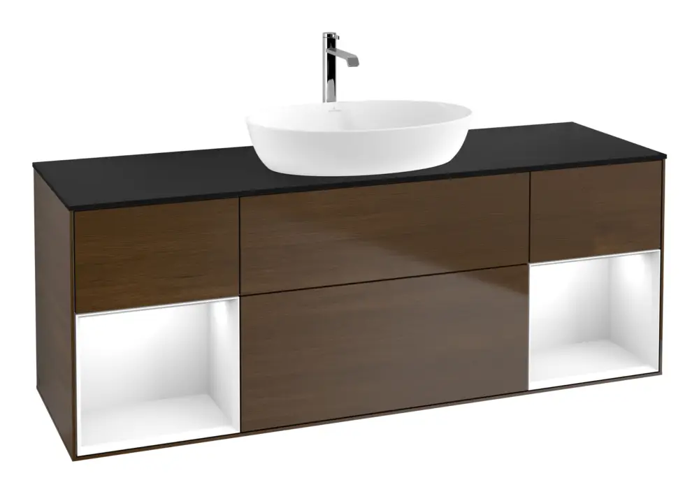 Villeroy & Boch Finion Waschbeckenunterschrank für Becken mittig Regal links/rechts für Artis / Collaro eckig 4 Auszüge mit Beleuchtung (4x LED) 1600 x 603 x 501 mm - Walnut Veneer / Glossy White Lacquer / Glass Black Matt Preisreduziert