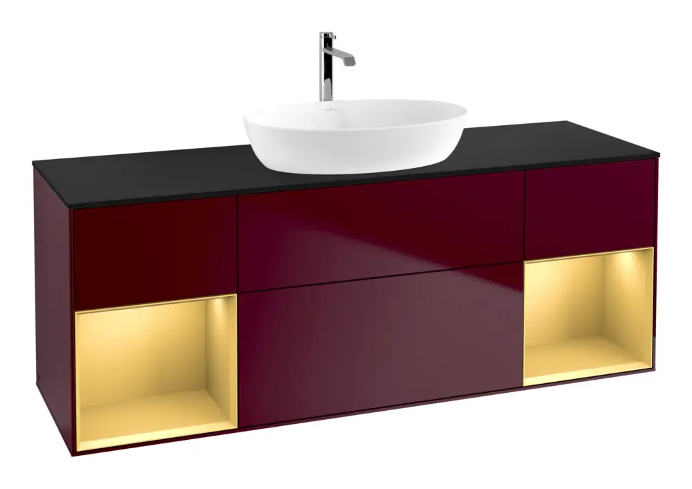 Kracherpreis Villeroy & Boch Finion Waschbeckenunterschrank für Becken mittig Regal links/rechts für Artis / Collaro eckig 4 Auszüge mit Beleuchtung (4x LED) 1600 x 603 x 501 mm - Peony Matt Lacquer / Gold Matt Lacquer / Glass Black Matt