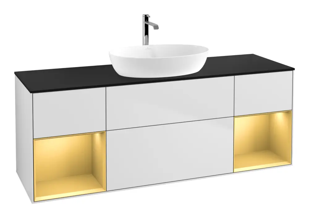 Villeroy & Boch Finion Waschbeckenunterschrank für Becken mittig Regal links/rechts für Artis / Collaro eckig 4 Auszüge mit Beleuchtung (4x LED) 1600 x 603 x 501 mm - White Matt Lacquer / Gold Matt Lacquer / Glass Black Matt Direkt Vom Hersteller