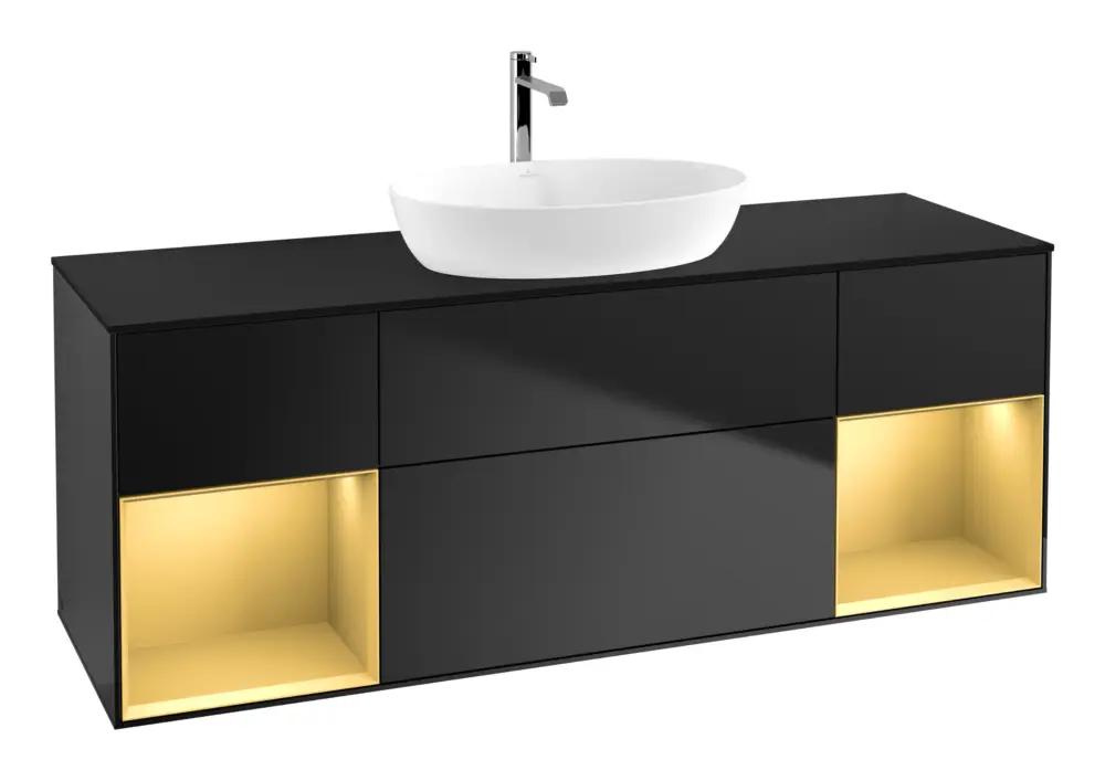 Villeroy & Boch Finion Waschbeckenunterschrank für Becken mittig Regal links/rechts für Artis / Collaro eckig 4 Auszüge mit Beleuchtung (4x LED) 1600 x 603 x 501 mm - Black Matt Lacquer / Gold Matt Lacquer / Glass Black Matt Highlight