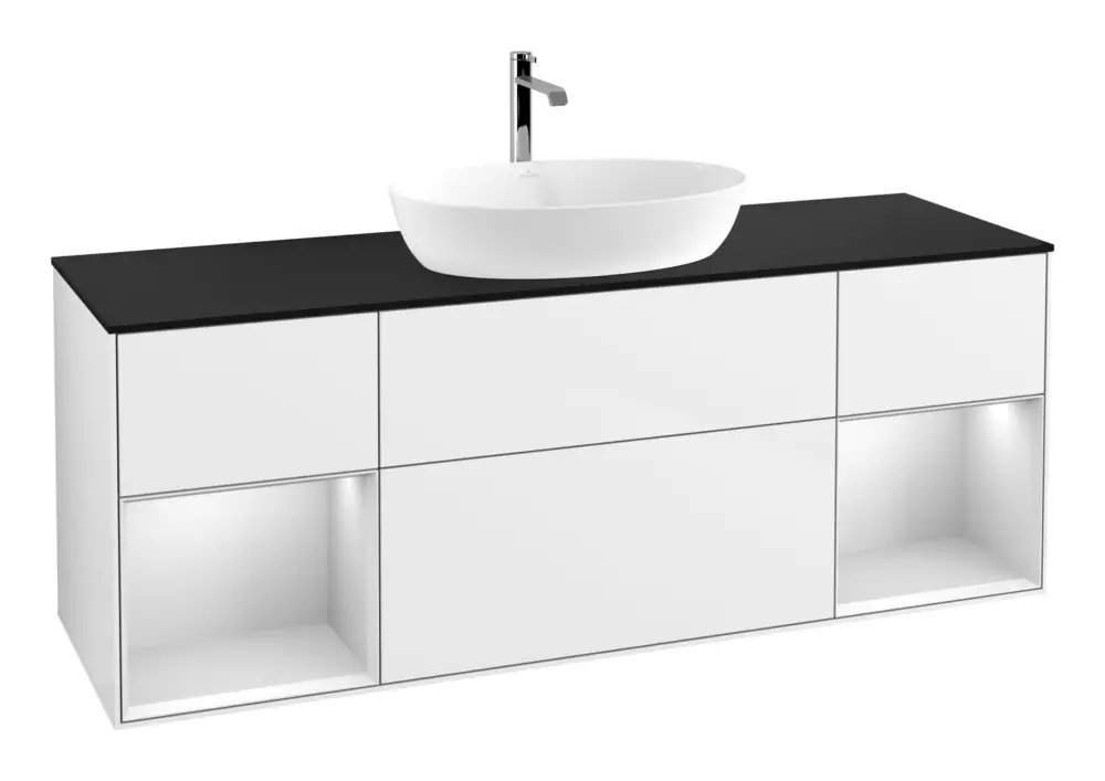 Online Kaufen Villeroy & Boch Finion Waschbeckenunterschrank für Becken mittig Regal links/rechts für Artis / Collaro eckig 4 Auszüge mit Beleuchtung (4x LED) 1600 x 603 x 501 mm - Glossy White Lacquer / White Matt Lacquer / Glass Black Matt