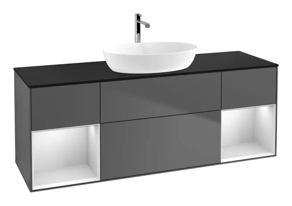 Markenware Villeroy & Boch Finion Waschbeckenunterschrank für Becken mittig Regal links/rechts für Artis / Collaro eckig 4 Auszüge mit Beleuchtung (4x LED) 1600 x 603 x 501 mm - Anthracite Matt Lacquer / White Matt Lacquer / Glass Black Matt