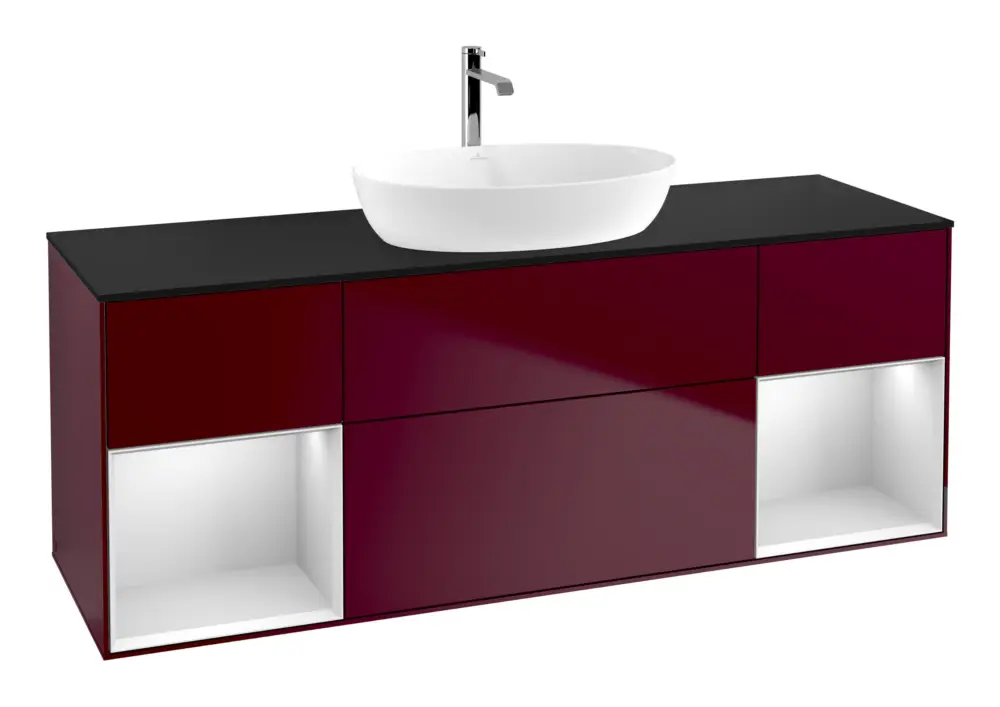 Villeroy & Boch Finion Waschbeckenunterschrank für Becken mittig Regal links/rechts für Artis / Collaro eckig 4 Auszüge mit Beleuchtung (4x LED) 1600 x 603 x 501 mm - Peony Matt Lacquer / White Matt Lacquer / Glass Black Matt Sonderaktion