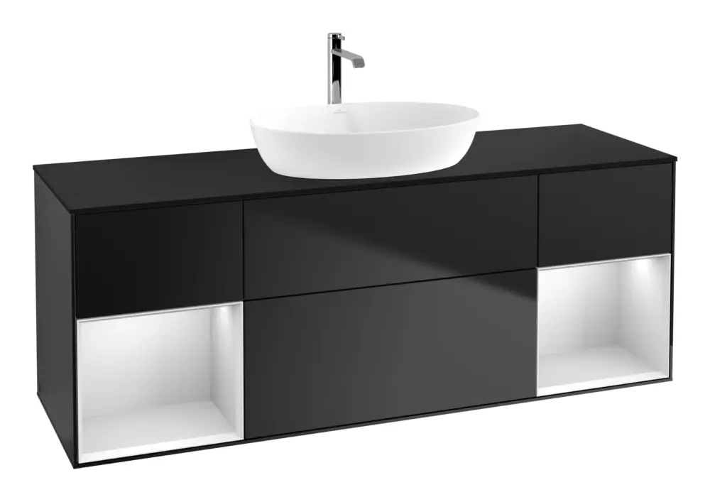 Villeroy & Boch Finion Waschbeckenunterschrank für Becken mittig Regal links/rechts für Artis / Collaro eckig 4 Auszüge mit Beleuchtung (4x LED) 1600 x 603 x 501 mm - Black Matt Lacquer / White Matt Lacquer / Glass Black Matt Meistverkauft