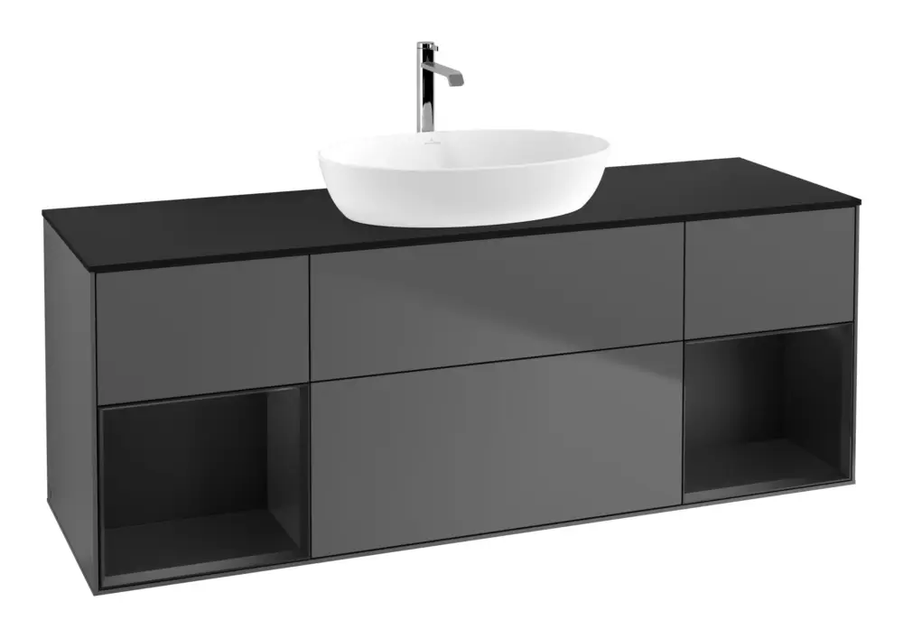 Villeroy & Boch Finion Waschbeckenunterschrank für Becken mittig Regal links/rechts für Artis / Collaro eckig 4 Auszüge mit Beleuchtung (4x LED) 1600 x 603 x 501 mm - Anthracite Matt Lacquer / Black Matt Lacquer / Glass Black Matt Markenware
