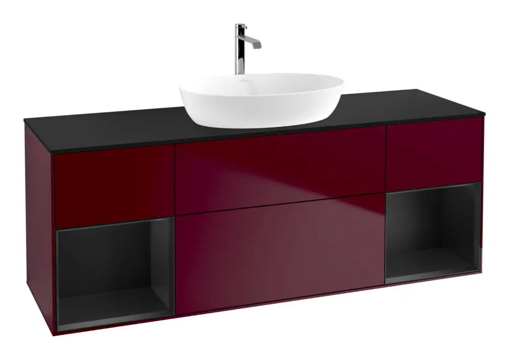 Sichere Zahlung Villeroy & Boch Finion Waschbeckenunterschrank für Becken mittig Regal links/rechts für Artis / Collaro eckig 4 Auszüge mit Beleuchtung (4x LED) 1600 x 603 x 501 mm - Peony Matt Lacquer / Black Matt Lacquer / Glass Black Matt