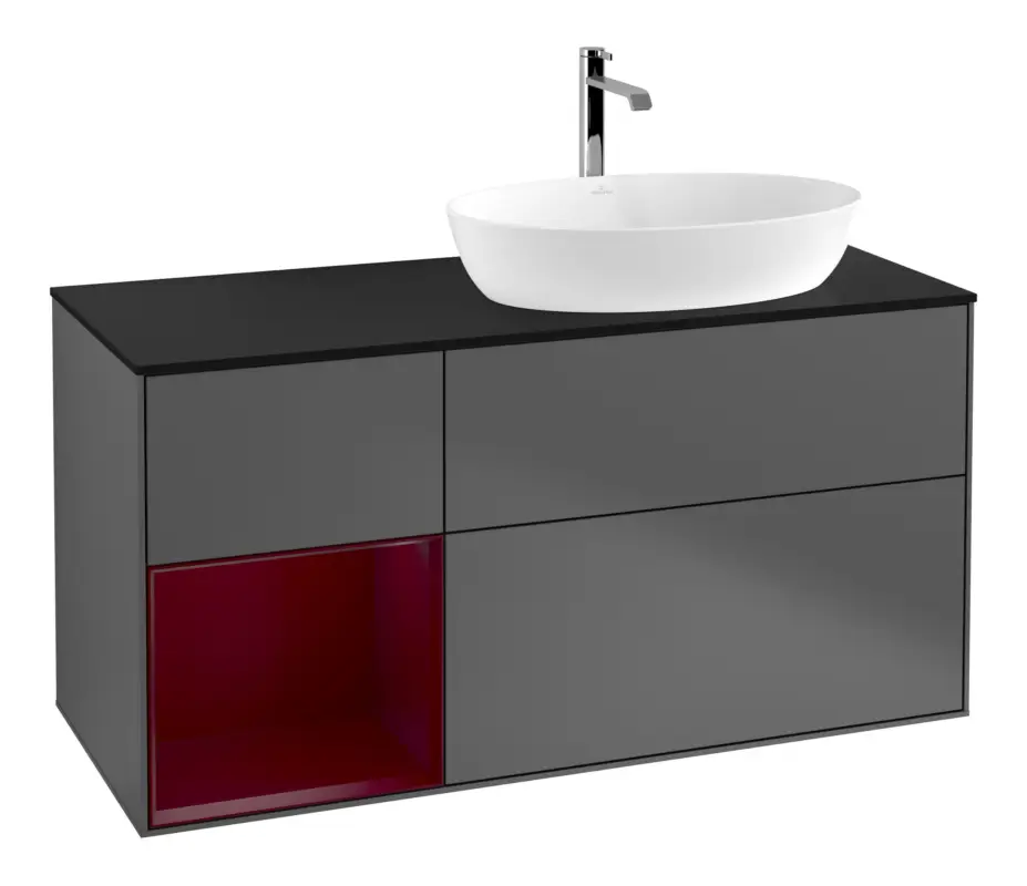 Villeroy & Boch Finion Waschbeckenunterschrank für Becken rechts Regal rechts für Artis / Collaro 3 Auszüge mit Beleuchtung (1x LED) mit Hahnloch 1200 x 603 x 501 mm - Anthracite Matt Lacquer / Peony Matt Lacquer / Glass Black Matt Kracherpreis