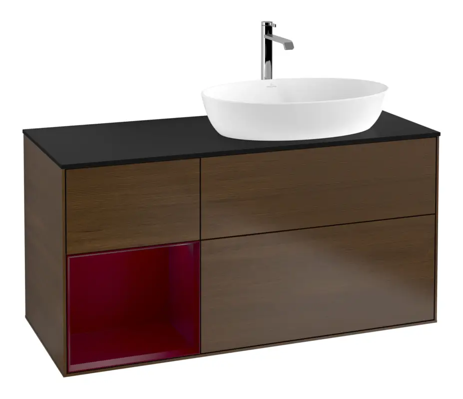 Solange Der Vorrat Reicht Villeroy & Boch Finion Waschbeckenunterschrank für Becken rechts Regal rechts für Artis / Collaro 3 Auszüge mit Beleuchtung (1x LED) mit Hahnloch 1200 x 603 x 501 mm - Walnut Veneer / Peony Matt Lacquer / Glass Black Matt