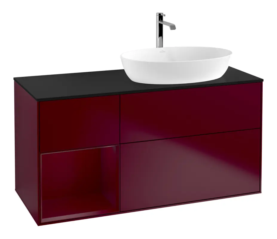 Villeroy & Boch Finion Waschbeckenunterschrank für Becken rechts Regal rechts für Artis / Collaro 3 Auszüge mit Beleuchtung (1x LED) mit Hahnloch 1200 x 603 x 501 mm - Peony Matt Lacquer / Glass Black Matt Direkt Vom Hersteller