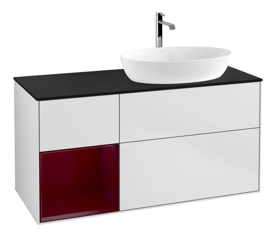 Günstig Villeroy & Boch Finion Waschbeckenunterschrank für Becken rechts Regal rechts für Artis / Collaro 3 Auszüge mit Beleuchtung (1x LED) mit Hahnloch 1200 x 603 x 501 mm - White Matt Lacquer / Peony Matt Lacquer / Glass Black Matt