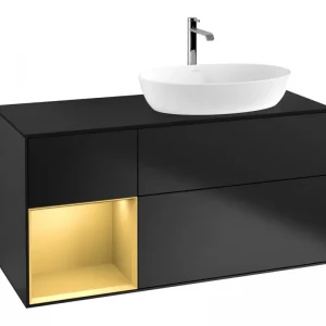 Aktuell Villeroy & Boch Finion Waschbeckenunterschrank für Becken rechts Regal rechts für Artis / Collaro 3 Auszüge mit Beleuchtung (1x LED) mit Hahnloch 1200 x 603 x 501 mm - Black Matt Lacquer / Gold Matt Lacquer / Glass Black Matt