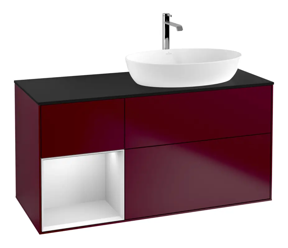 Online Kaufen Villeroy & Boch Finion Waschbeckenunterschrank für Becken rechts Regal rechts für Artis / Collaro 3 Auszüge mit Beleuchtung (1x LED) mit Hahnloch 1200 x 603 x 501 mm - Peony Matt Lacquer / White Matt Lacquer / Glass Black Matt