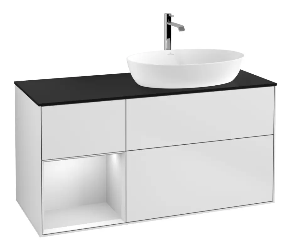 Bestseller Villeroy & Boch Finion Waschbeckenunterschrank für Becken rechts Regal rechts für Artis / Collaro 3 Auszüge mit Beleuchtung (1x LED) mit Hahnloch 1200 x 603 x 501 mm - White Matt Lacquer / Glass Black Matt