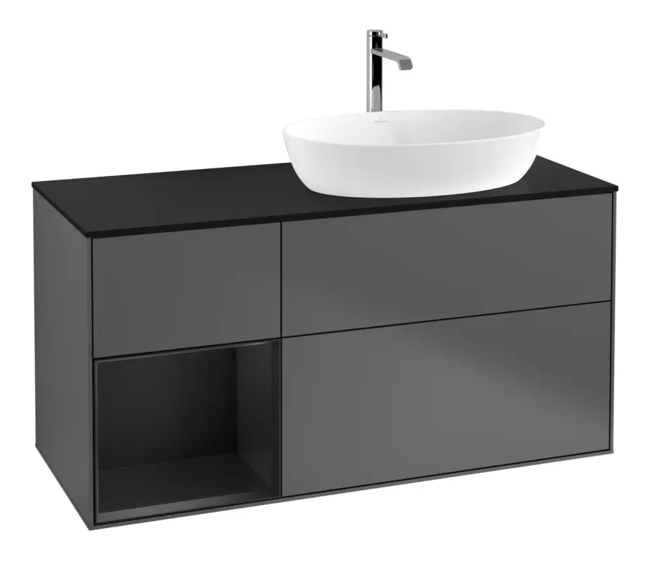 Villeroy & Boch Finion Waschbeckenunterschrank für Becken rechts Regal rechts für Artis / Collaro 3 Auszüge mit Beleuchtung (1x LED) mit Hahnloch 1200 x 603 x 501 mm - Anthracite Matt Lacquer / Black Matt Lacquer / Glass Black Matt Abverkauf