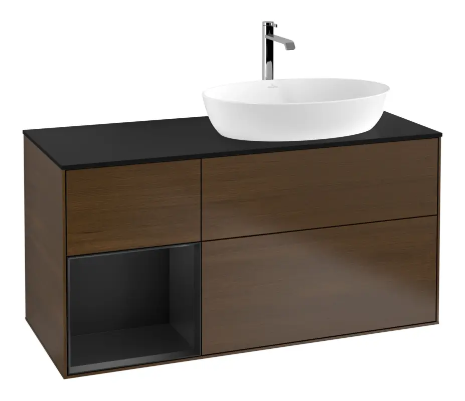 Villeroy & Boch Finion Waschbeckenunterschrank für Becken rechts Regal rechts für Artis / Collaro 3 Auszüge mit Beleuchtung (1x LED) mit Hahnloch 1200 x 603 x 501 mm - Walnut Veneer / Black Matt Lacquer / Glass Black Matt Saisonangebot