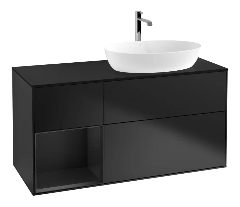 Villeroy & Boch Finion Waschbeckenunterschrank für Becken rechts Regal rechts für Artis / Collaro 3 Auszüge mit Beleuchtung (1x LED) mit Hahnloch 1200 x 603 x 501 mm - Black Matt Lacquer / Glass Black Matt Expressversand